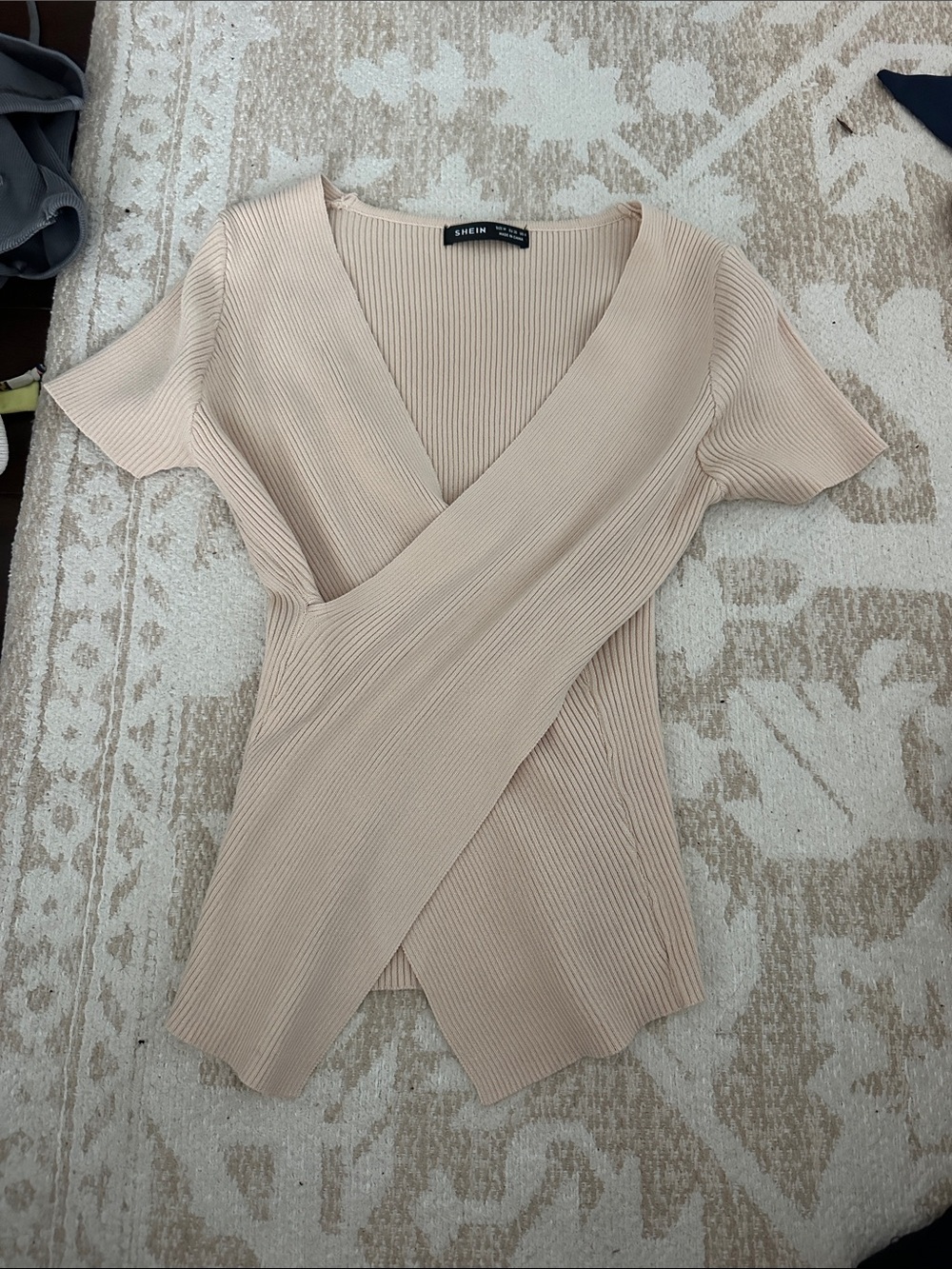 Nude Beige Ribbed Crossover Short Sleeve Top